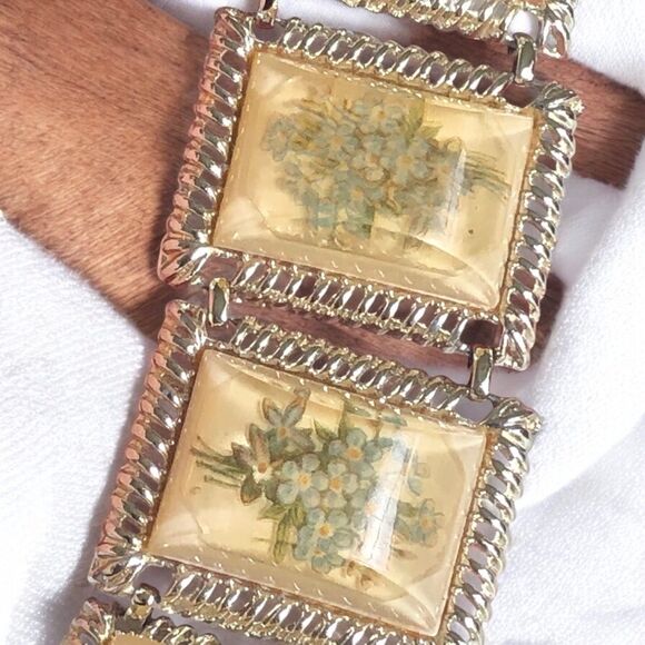 Wide Yellow Lucite Floral Panel Bracelet - Picture 3 of 9